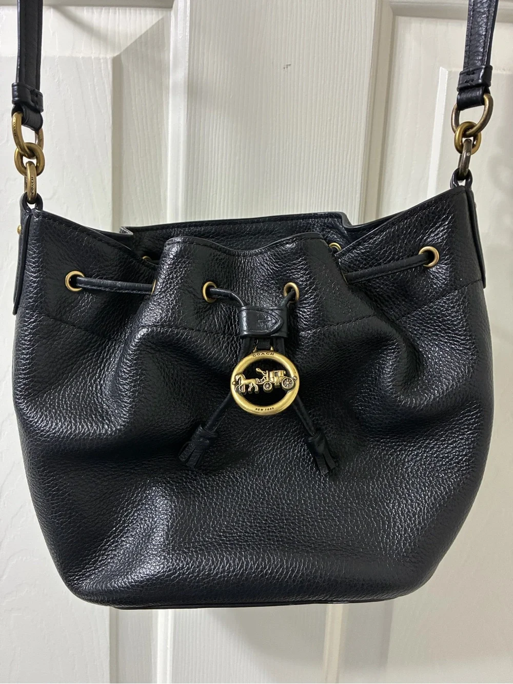 Coach Black Leather Drawstring Crossbody Bucket Bag with Gold Hardware